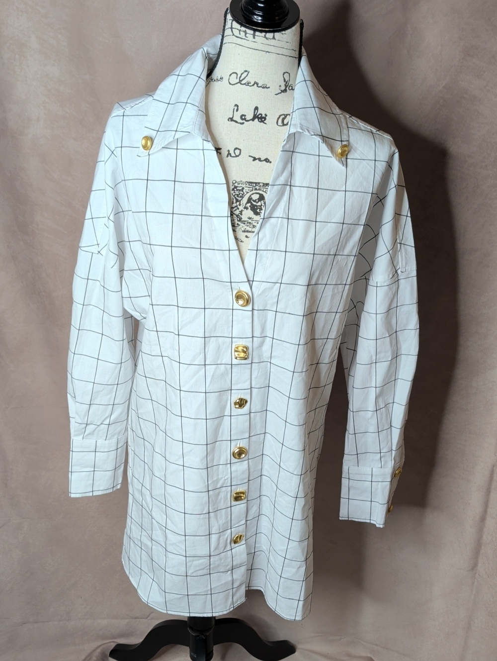 Commense Oversized Windowpane Gold Button Front Tunic Shirt NWT Size Small